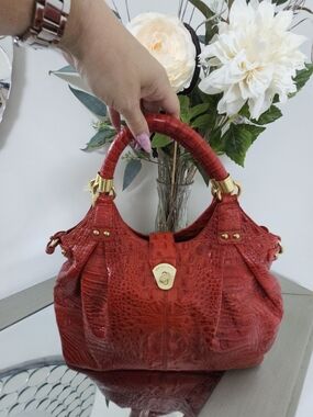 Brahmin Red Croc-Embossed Leather Handbag with Gold Hardware